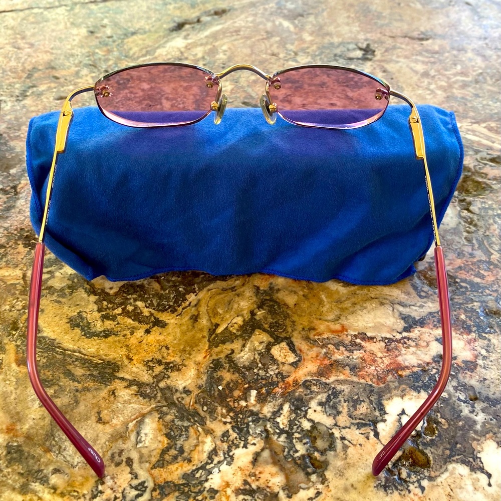 Vintage Purple & Gold Rimless Sunglasses-Fossil 2000. Original tin case.